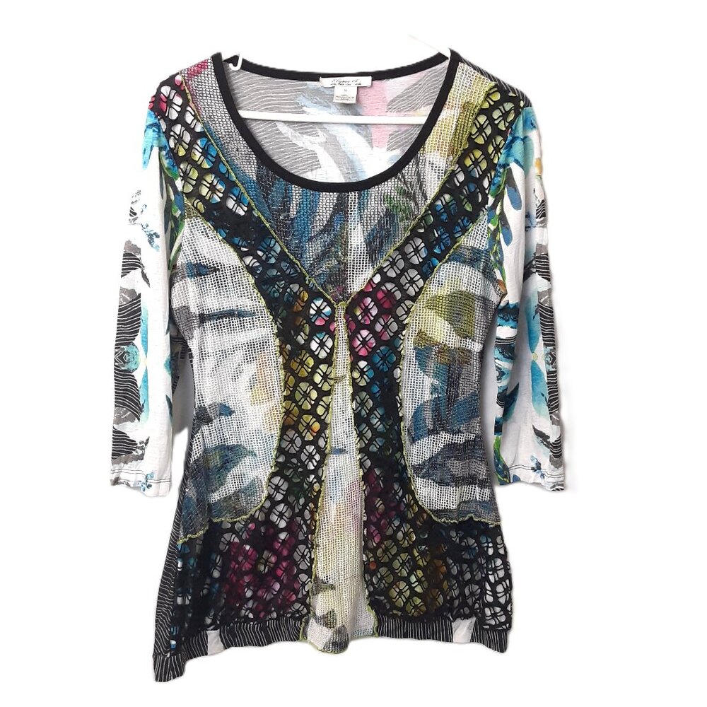 Elysee 26 Blouse Sz M Pullover Sequins Mesh Lace Peasant Boho Hippie 3/4 Sleeve